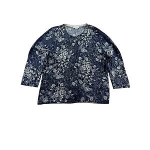 Garnet Hill Merino Wool Floral Cardigan Large Navy Blue Cottagecore Button Front